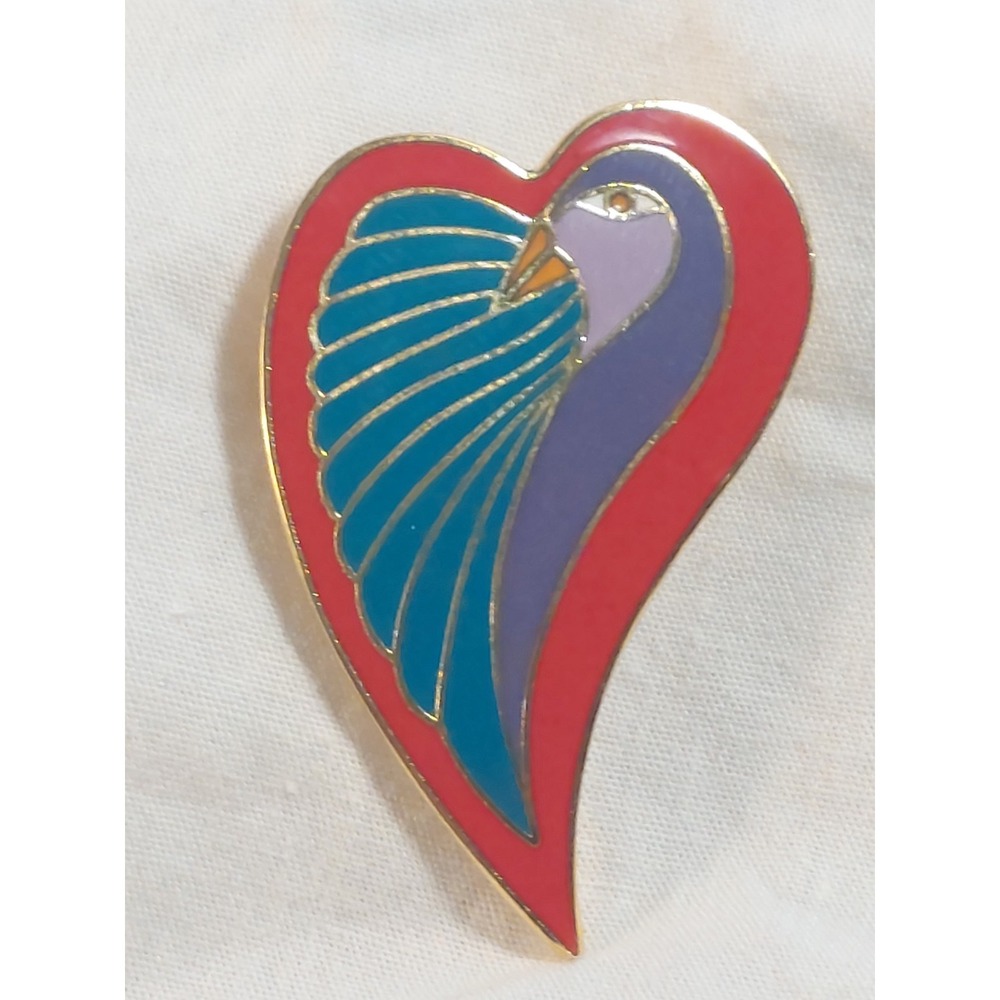 Laurel Burch Dove Heart Brooch Vintage 80s Enamel Bird Pin Red Teal Purple Gold